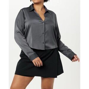 The Drop Womens Harlow Long Sleeve Collared Satin Button-Up Shirt Gray Size 2X